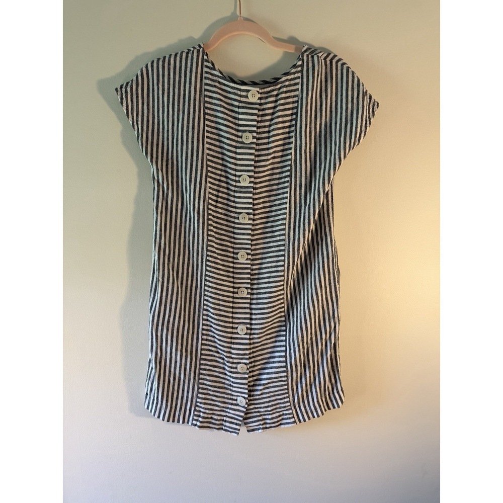 Madewell Stripe Play Button Back Tee Dress Womens Sz XS Linen Blend Pockets